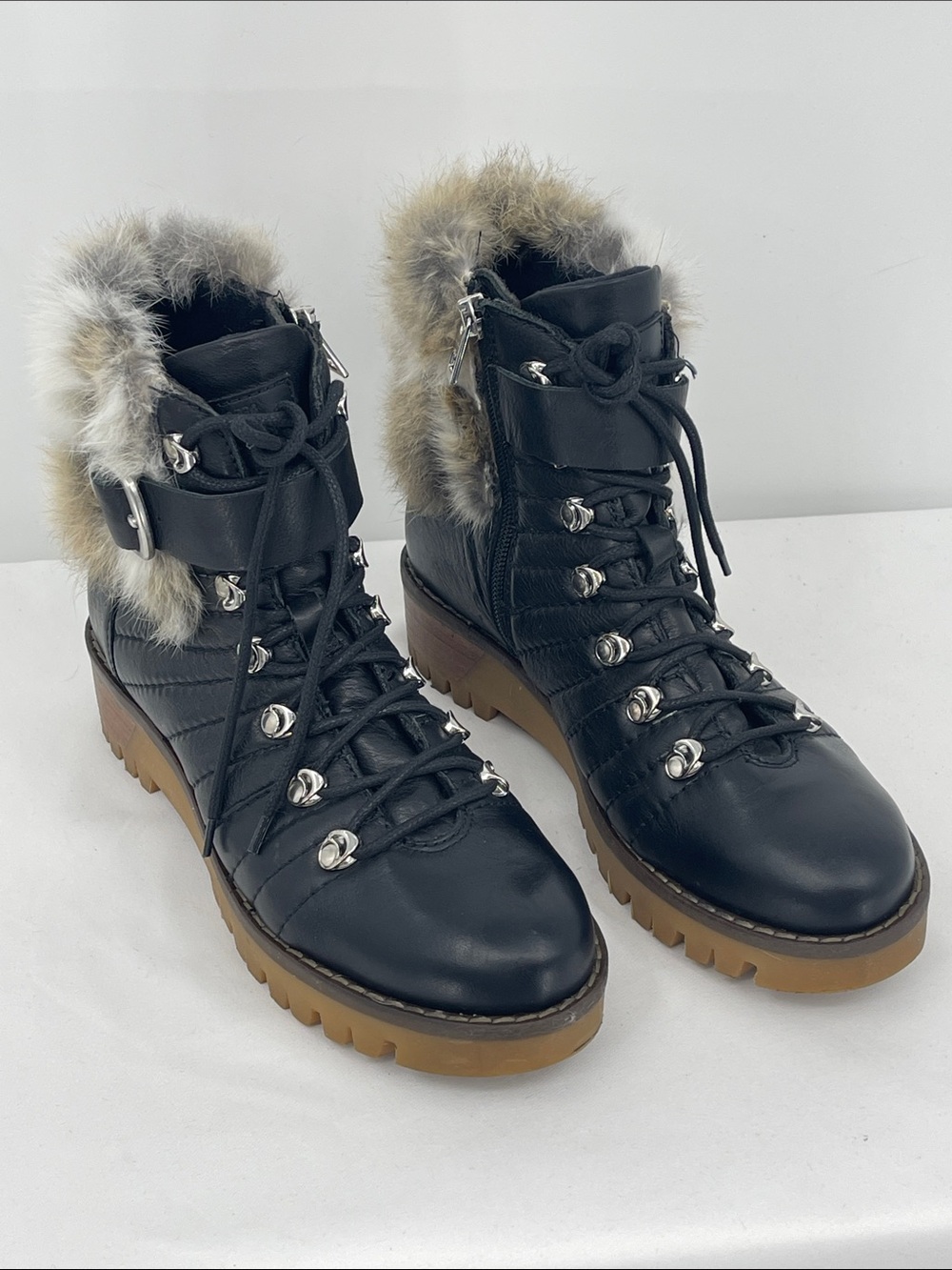 RUDSAK Women's Black Fur-Trim Lace-Up Hiking Boots SIZE 38 Buckle SIDE ZIP
